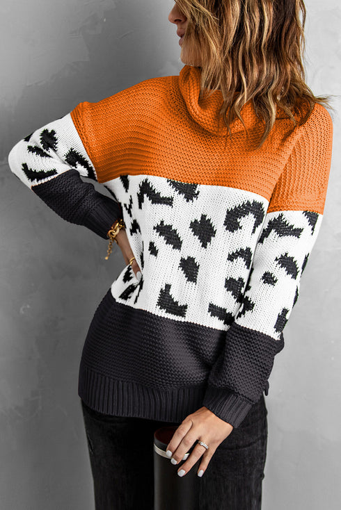 Turtleneck Splicing Chunky Knit Pullover Sweater